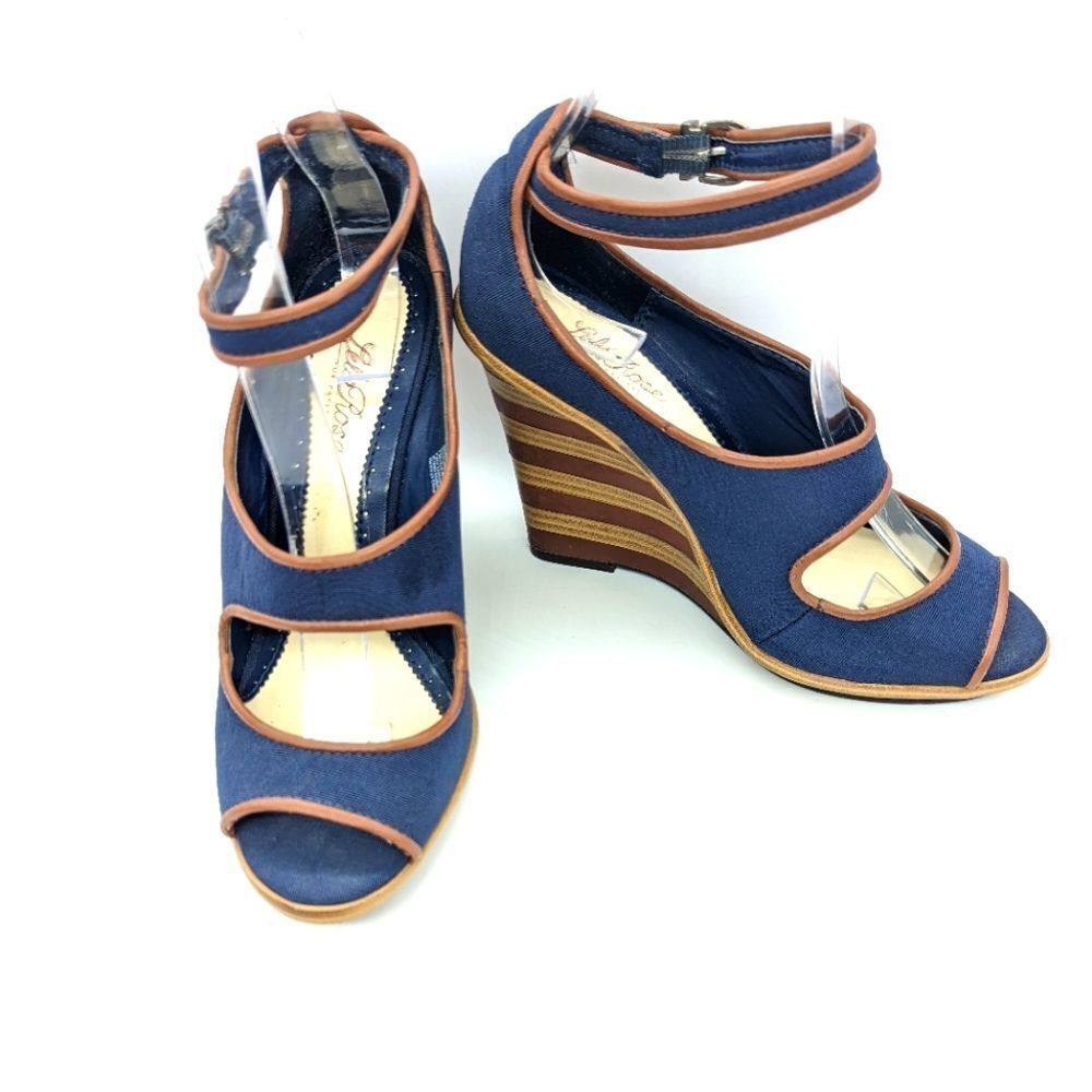 LelaRose Navy Blue Ankle Strap Peep toe wooden brown wedges.